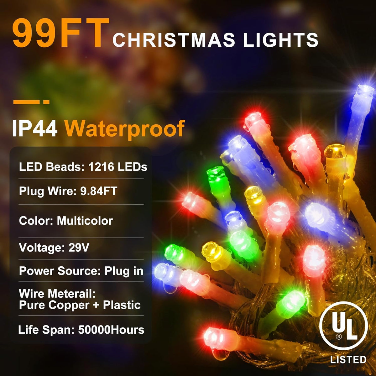 KNONEW 99ft 1216 LED Christmas Lights Outdoor 8 Modes Curtain Fairy String Light with 228 Drops
