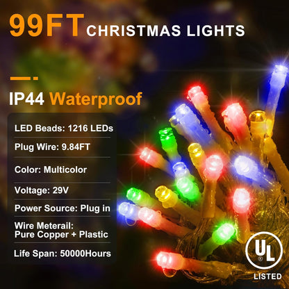 KNONEW 99ft 1216 LED Christmas Lights Outdoor 8 Modes Curtain Fairy String Light with 228 Drops