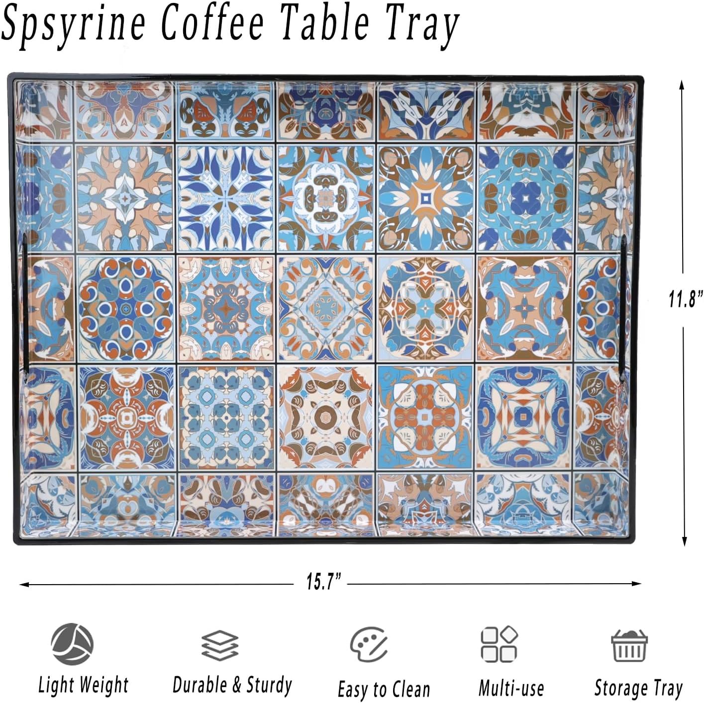 Spsyrine Serving Tray with Handles, Plastic Decorative Tray for Coffee Table, Living Room, Home
