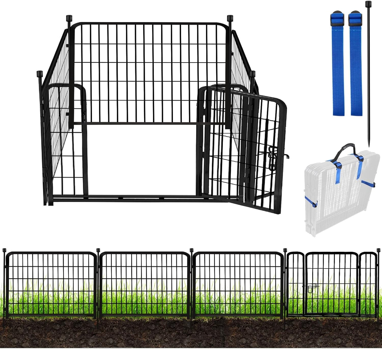 ADAVIN 24 in(H) Garden Fence with Gate, 4 Panels Total 9.8 Ft(L), Heavy Duty Iron Metal Animal