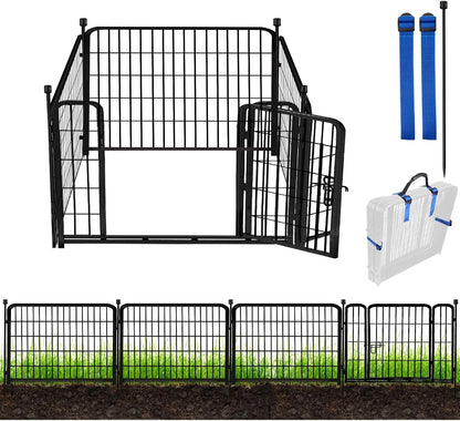ADAVIN 24 in(H) Garden Fence with Gate, 4 Panels Total 9.8 Ft(L), Heavy Duty Iron Metal Animal