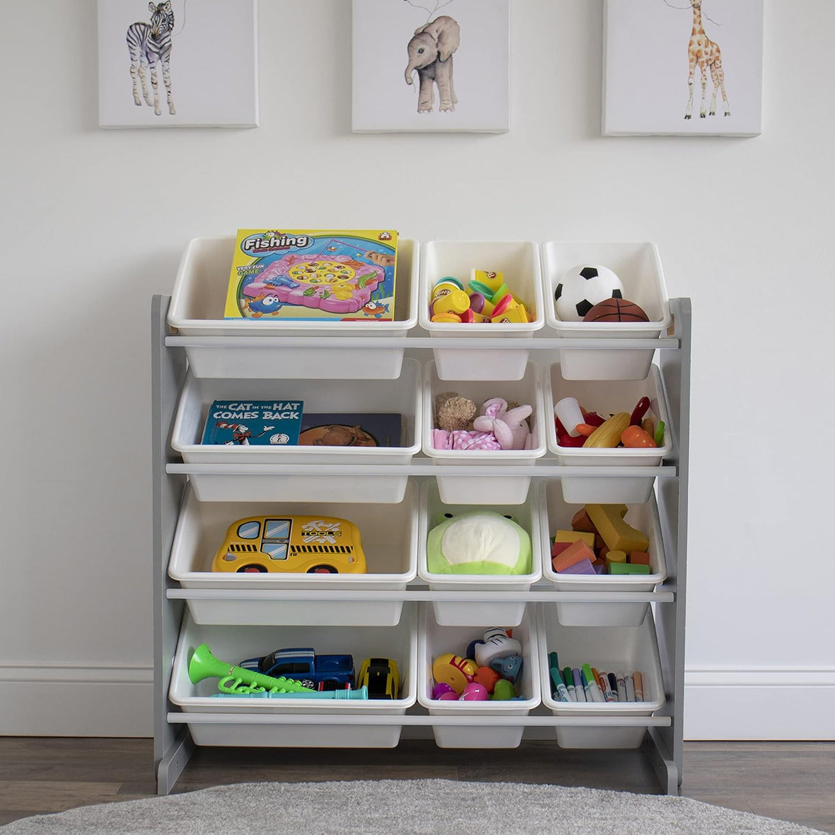 Humble Crew Kids Toy Storage Organizer with 12 Plastic Bins, Grey/White – Removable Bins for