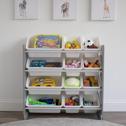 Humble Crew Kids Toy Storage Organizer with 12 Plastic Bins, Grey/White – Removable Bins for