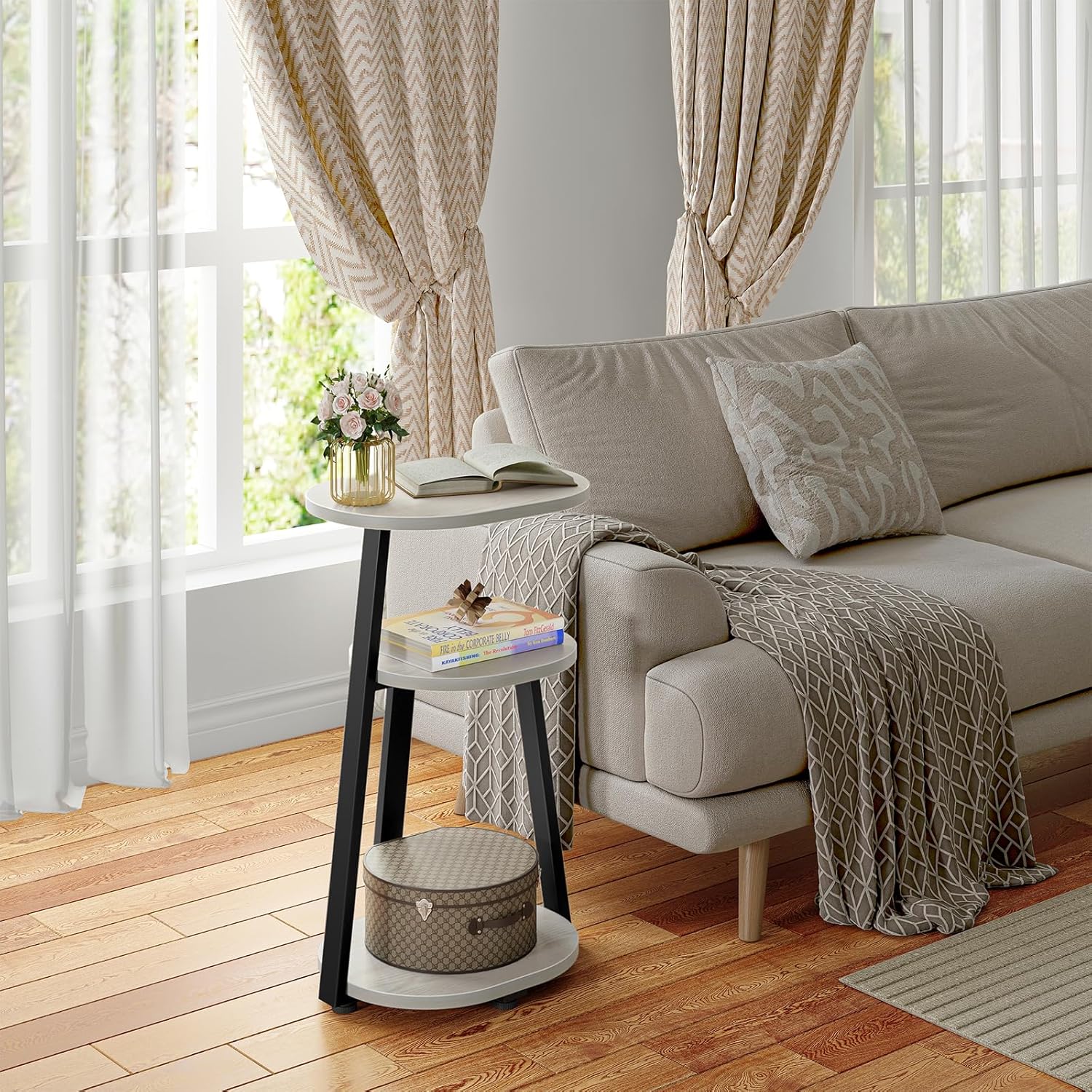 Side Table, Small End Table with Metal Frame, 3-Tier Bedside Tables, Round Side Tables for Living