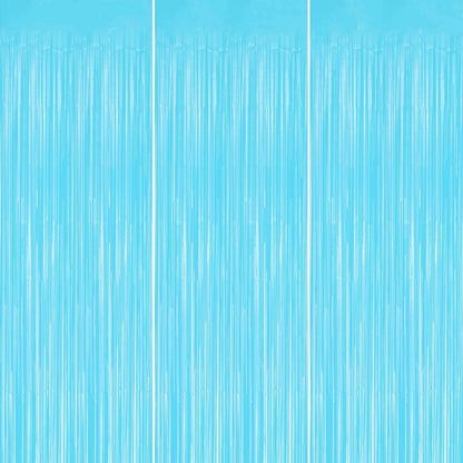 3 Pack Foil Fringe Backdrop - Pastel Blue Shiny Tinsel Curtains for Party Decoration/Photo Booth