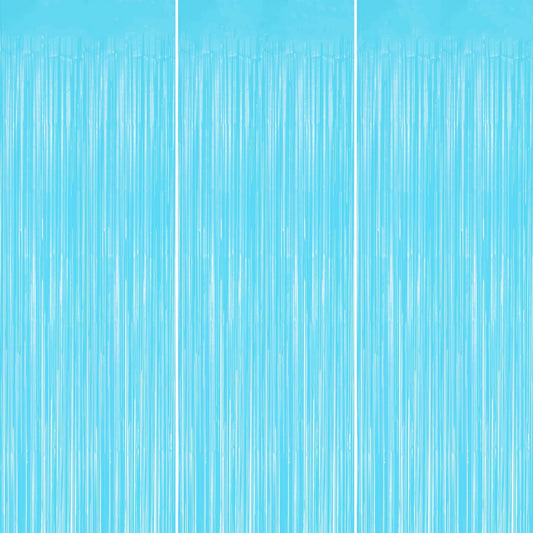 3 Pack Foil Fringe Backdrop - Pastel Blue Shiny Tinsel Curtains for Party Decoration/Photo Booth
