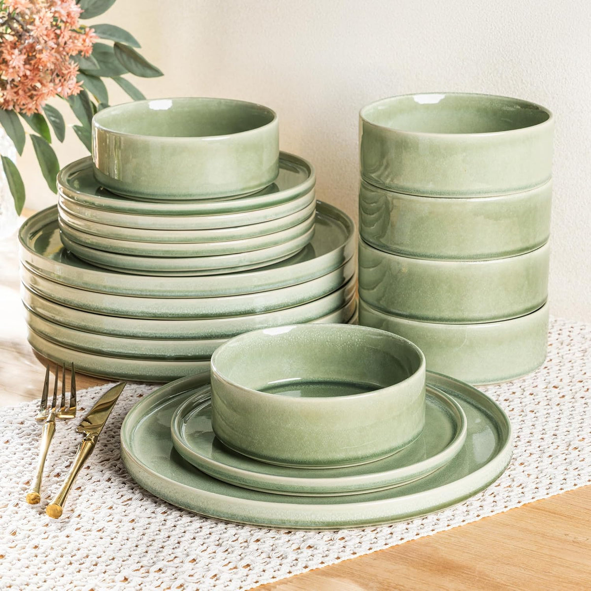 AmorArc Ceramic Dinnerware Sets, Handmade Reactive Glaze Stoneware Plates and Bowls Sets,Highly