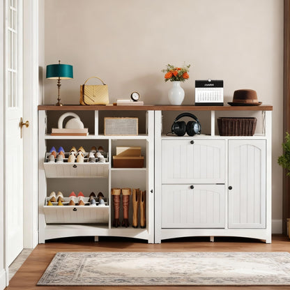 DWVO Set of 2 Shoe Cabinets with 2 Flip Drawers, Farmhouse Shoe Rack w/3-Tier Cabinet, Adjustable