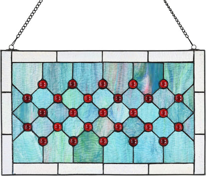 Tiffany Stained Glass 19.25" x 11.75" Window Panel, 100% Genuine Stained Glass and Cabochon