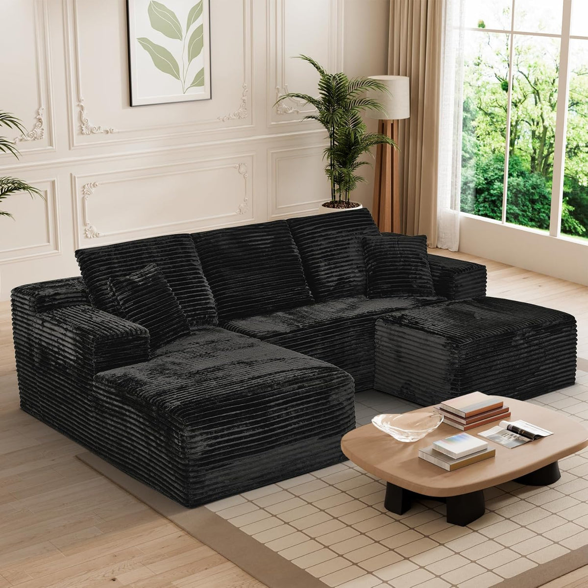 Modular Sectional Sofa Cloud Sectional Couch, 107" Comfy Fluffy U Shaped Black Couches for Living