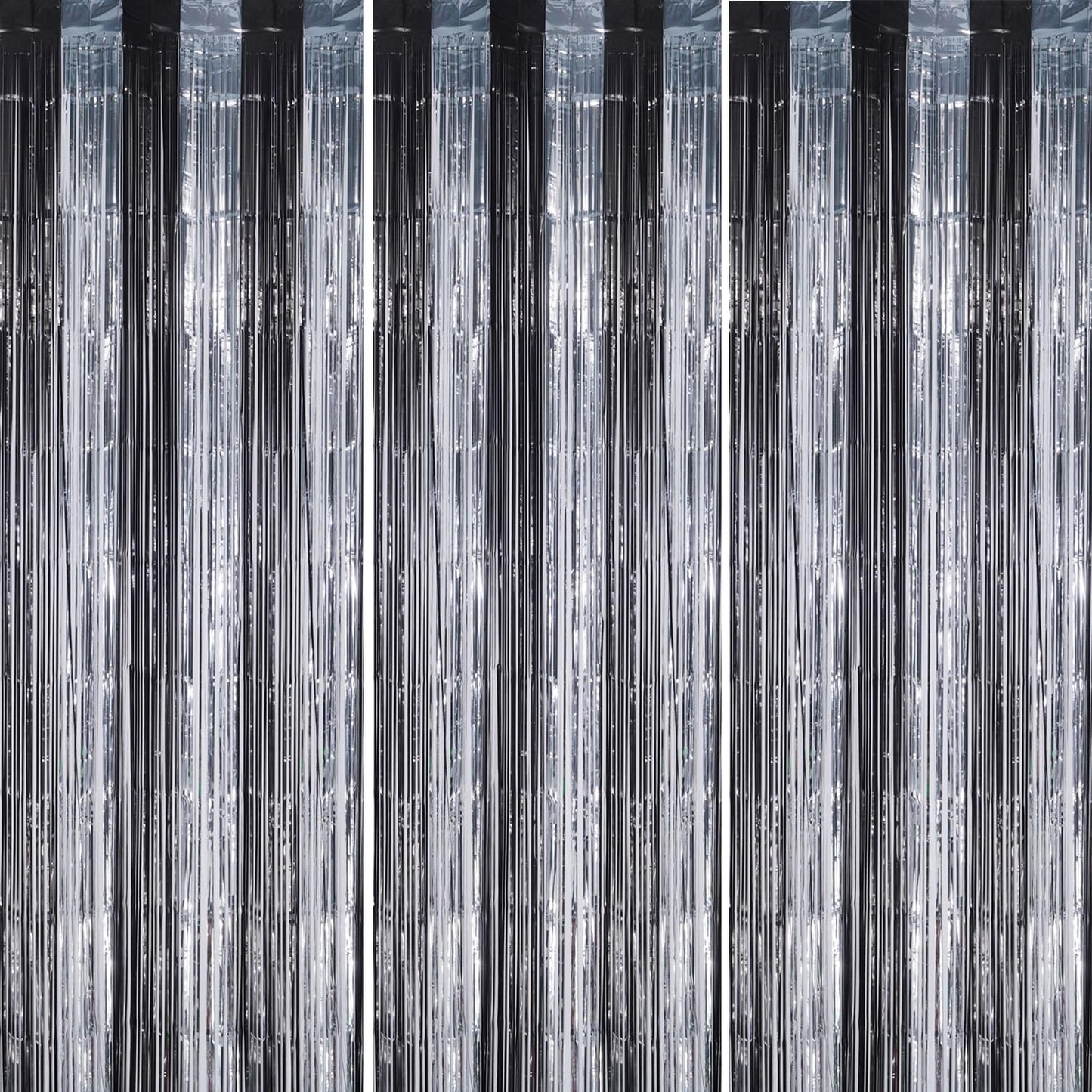 3 Pack Foil Fringe Backdrop - Black&Silver Shiny Tinsel Curtains for Party Decoration/Photo Booth