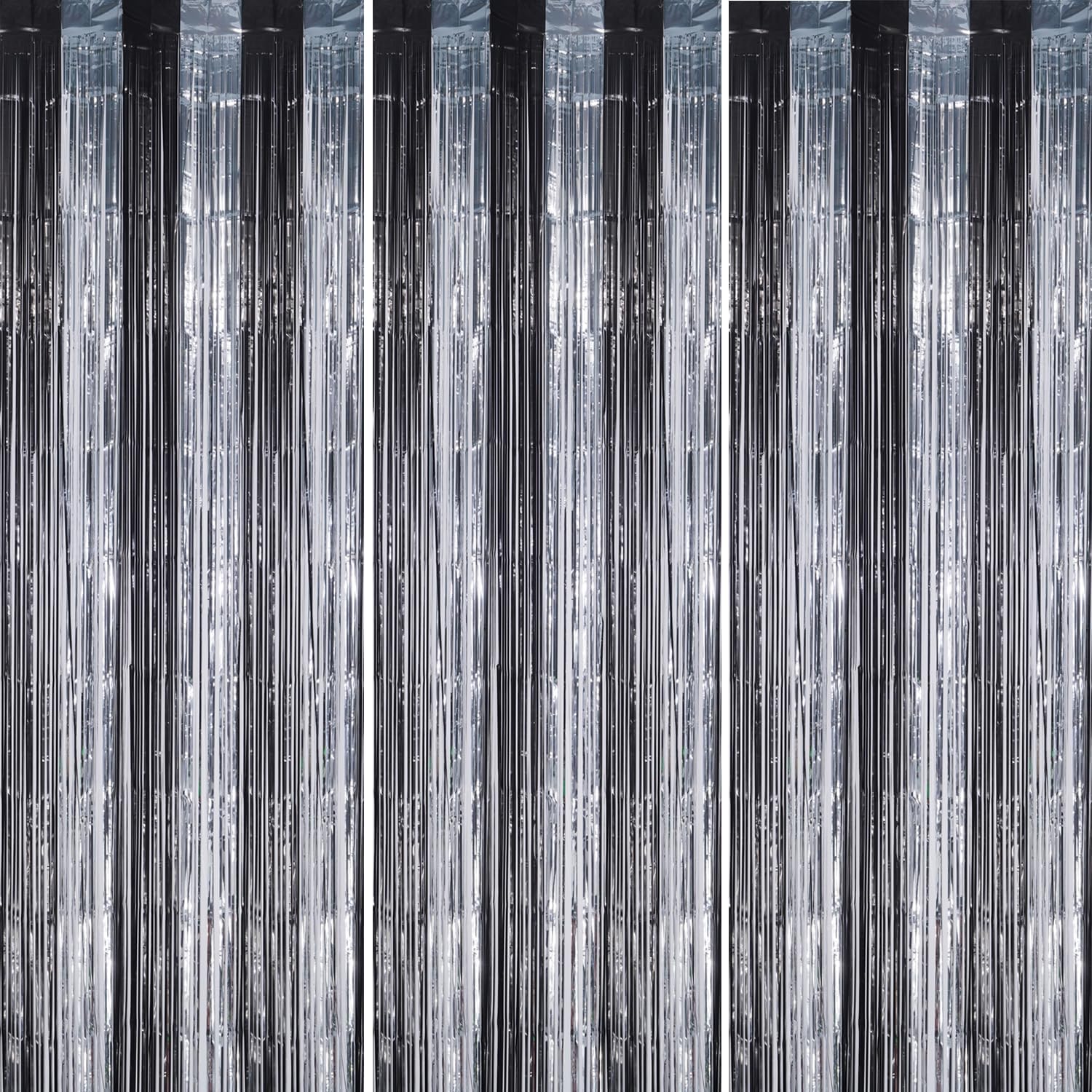 3 Pack Foil Fringe Backdrop - Black&Silver Shiny Tinsel Curtains for Party Decoration/Photo Booth