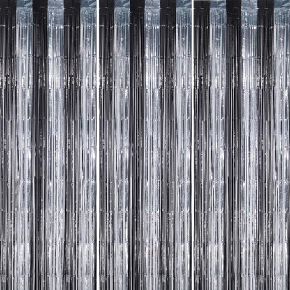 3 Pack Foil Fringe Backdrop - Black&Silver Shiny Tinsel Curtains for Party Decoration/Photo Booth