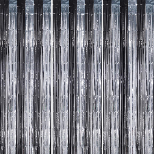 3 Pack Foil Fringe Backdrop - Black&Silver Shiny Tinsel Curtains for Party Decoration/Photo Booth