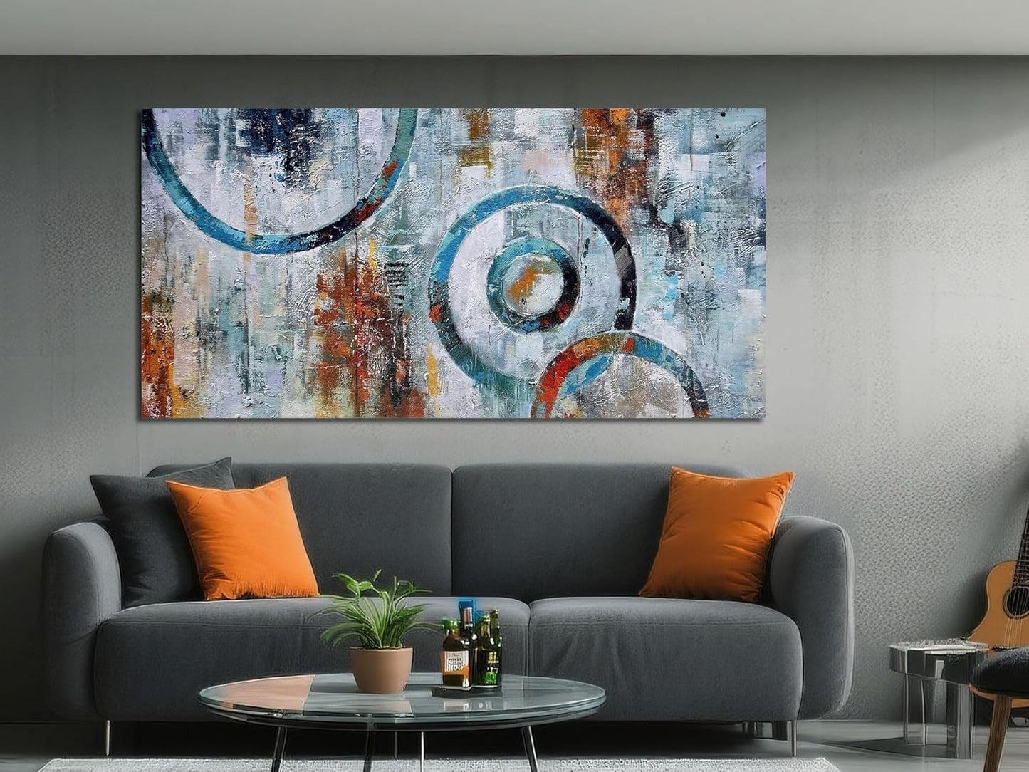 Arjun Abstract Wall Art Geometric Canvas Circle Block Painting Modern Grey Brown Picture, Large