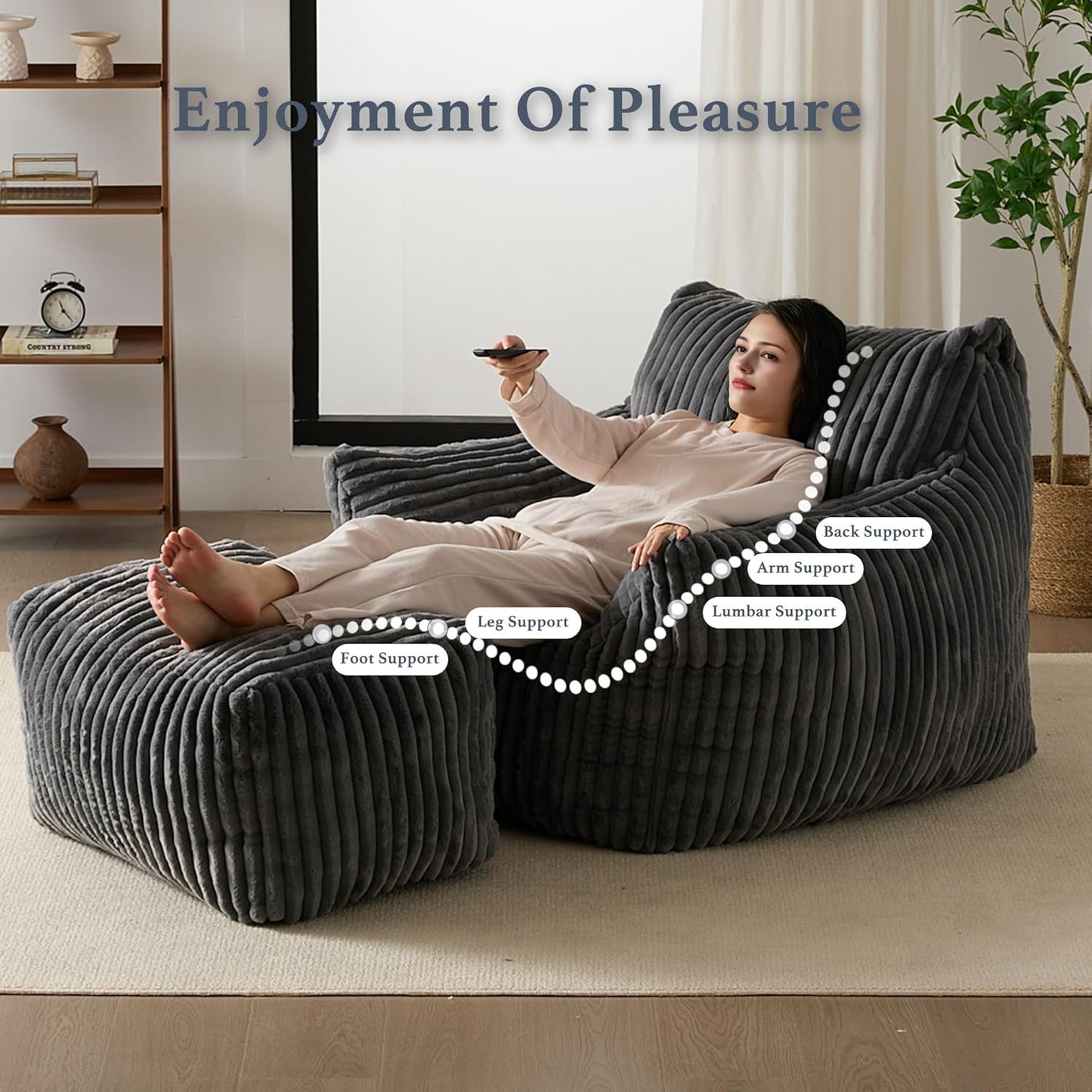 Oversized Bean Bag Chaise Lounge Chair Indoor for Adults with Armrests & Ottoman - Giant Comfy Gray