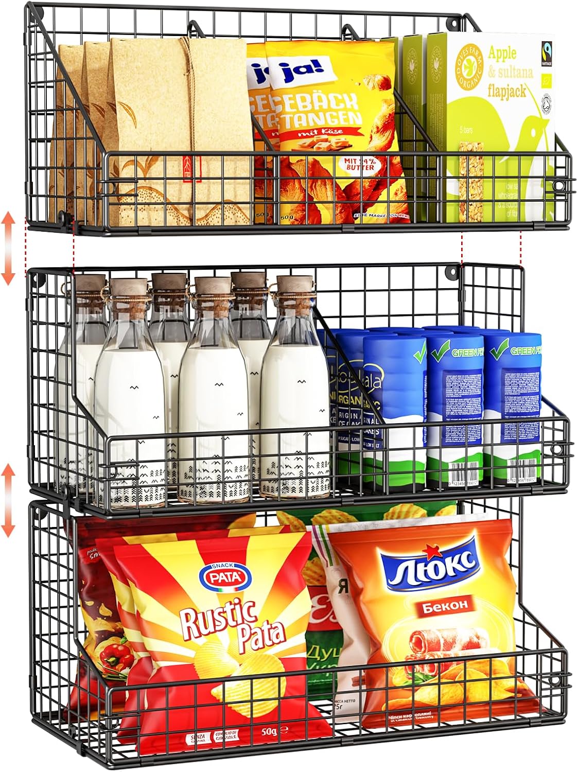 X-cosrack 3 Tier Large Stackable Snack Organizer - Versatile Wall Mounted Wire Storage Basket with