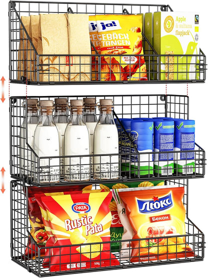 X-cosrack 3 Tier Large Stackable Snack Organizer - Versatile Wall Mounted Wire Storage Basket with