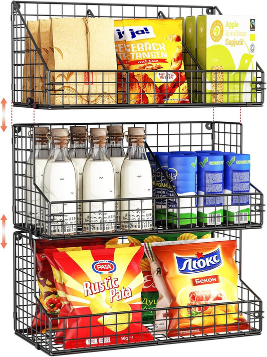 X-cosrack 3 Tier Large Stackable Snack Organizer - Versatile Wall Mounted Wire Storage Basket with