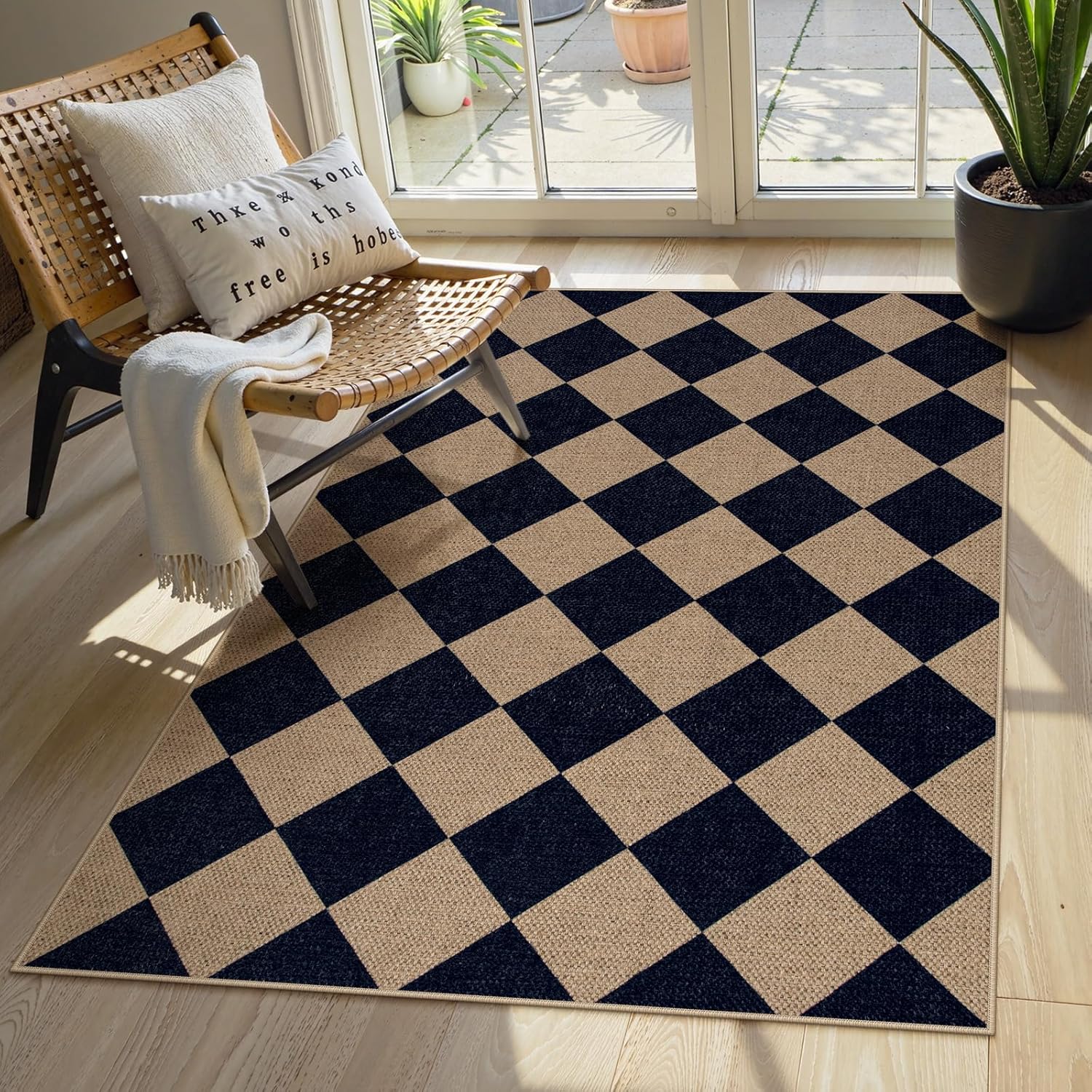 Lahome Checkered Easy Jute Entry Rug, 3x5 Black Outdoor Patio Rug for Living Room Farmhouse Neutral