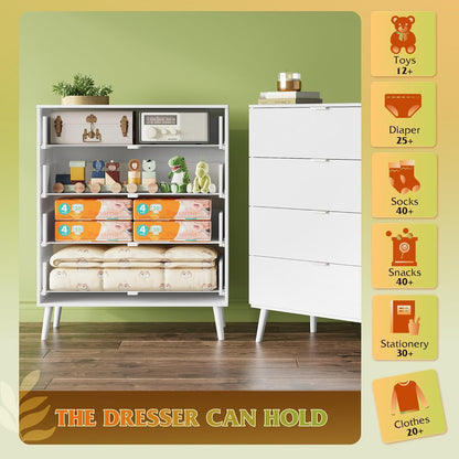 WLIVE 4 Drawer Dresser for Bedroom, Tall Wood Dresser, Modern White Dressers with Sturdy Metal
