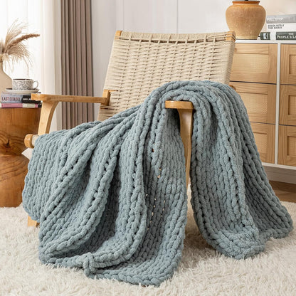 Chunky Knit Blanket Throw, 100% Hand Knit Throw Blanket Handmade Chenille Cable Knit Throw for