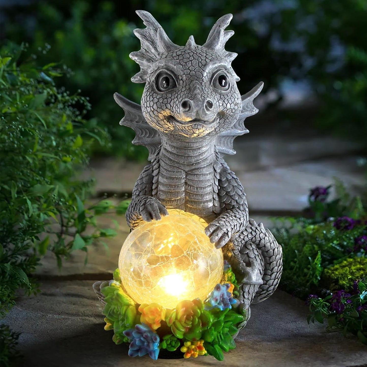 Solar Garden Outdoor Statues Dragon Holding Magic Orb with Solar LED Lights - Lawn Decor Outdoor