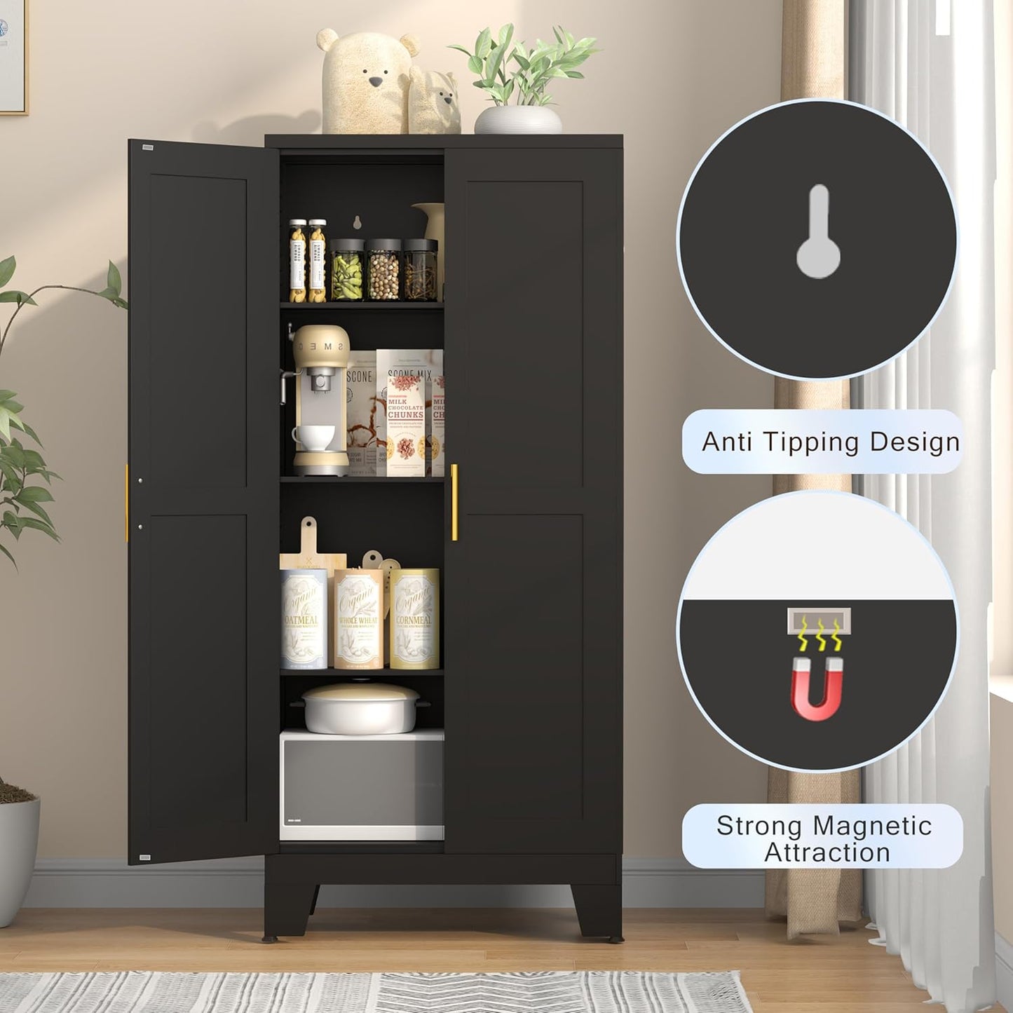 61.02" Kitchen Pantry Cabinet, Pantry Storage Cabinet with 2 Doors and Adjustable Shelves, Black