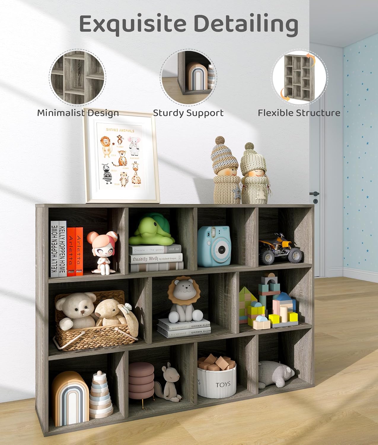 11-Cube Kids Toy and Book Storage Organizer – Wooden Cube Bookcase for Playroom and Nursery