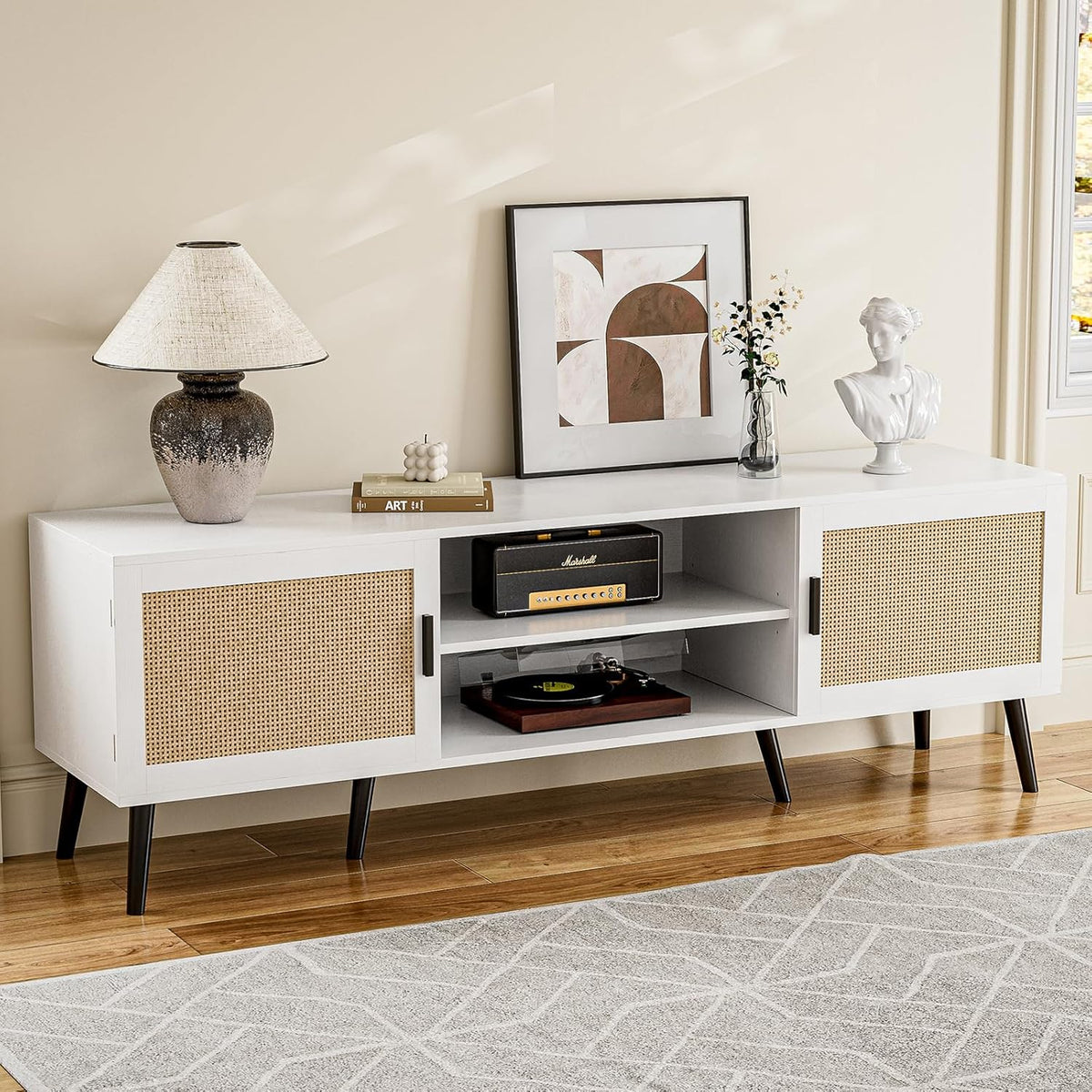 TV Stand for TVs up to 65'', Mid Century Modern Entertainment Center with Rattan Door, Shelves & 2