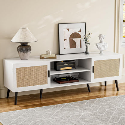 TV Stand for TVs up to 65'', Mid Century Modern Entertainment Center with Rattan Door, Shelves & 2