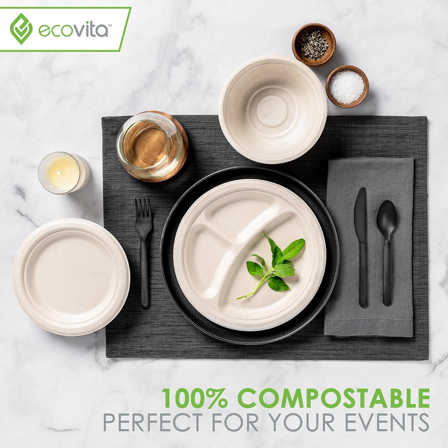 100% Compostable Paper Bowls [16 oz.] – 150 Disposable Bowls Eco Friendly Sturdy Tree Free Liquid