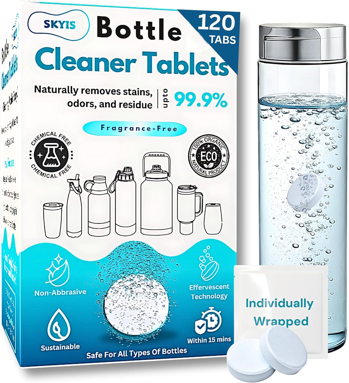 120-pcs Water Bottle Cleaner Tablets, Chlorine-free, Water Bottle cleaner, Tumbler washer and Glass