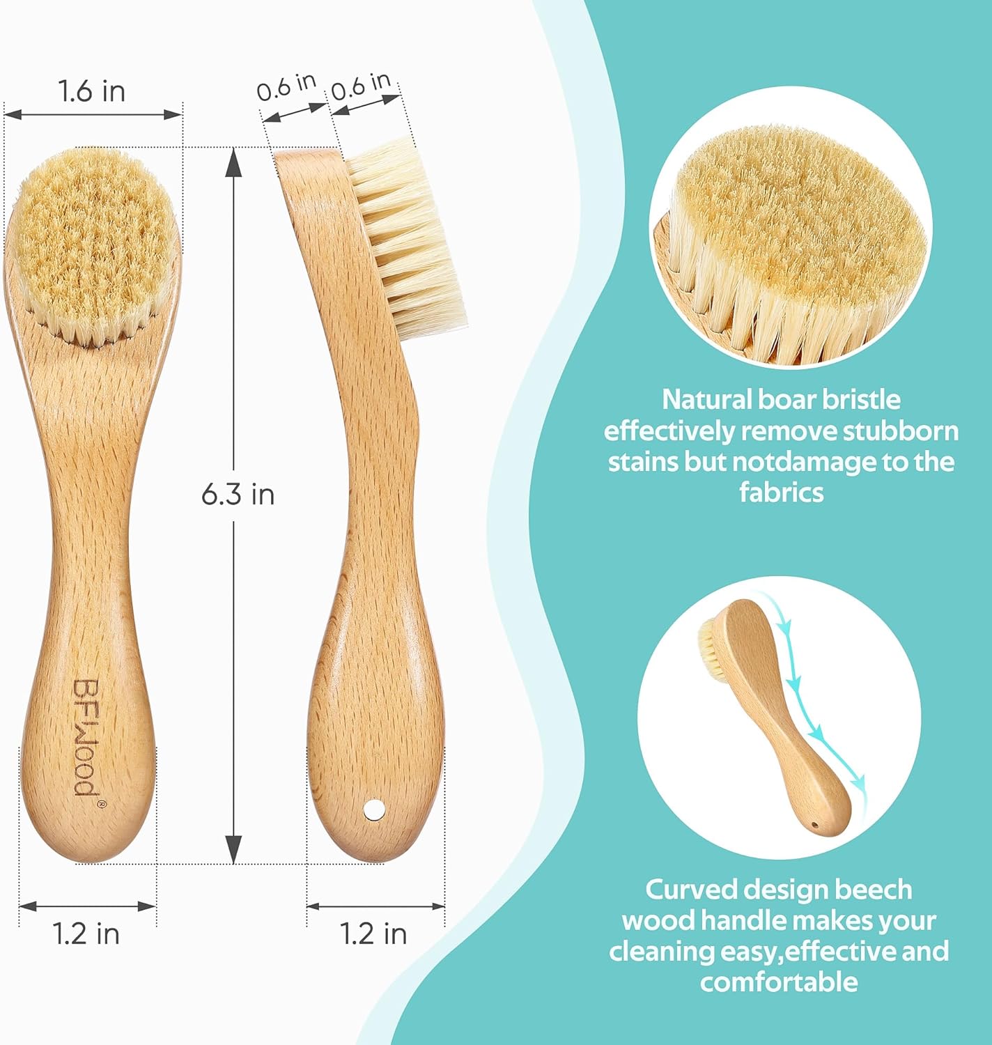 BFWood Laundry Stain Brush, Natural Soft Boar Bristles, Removes Tough Stains from Delicate Fabrics