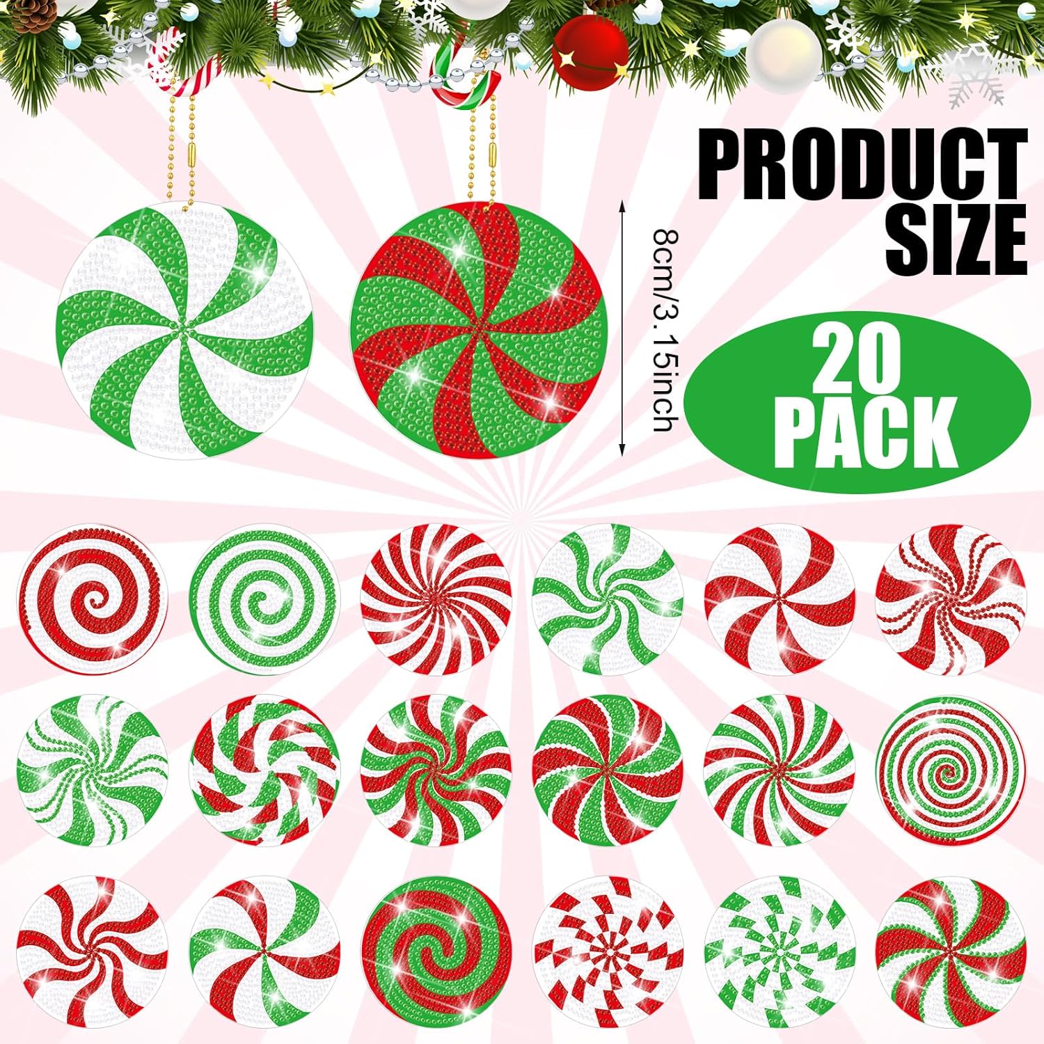 Tondiamo 20 Pcs Christmas Diamond Painting Keychain Kits 5D DIY Diamond Art Pendants Double Sided