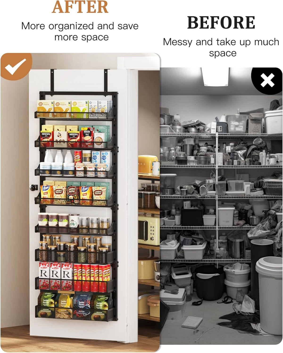 8-Tier Over the Door Pantry Organizer, Large Metal Door Spice Rack with Adjustable Basket, 2 in 1