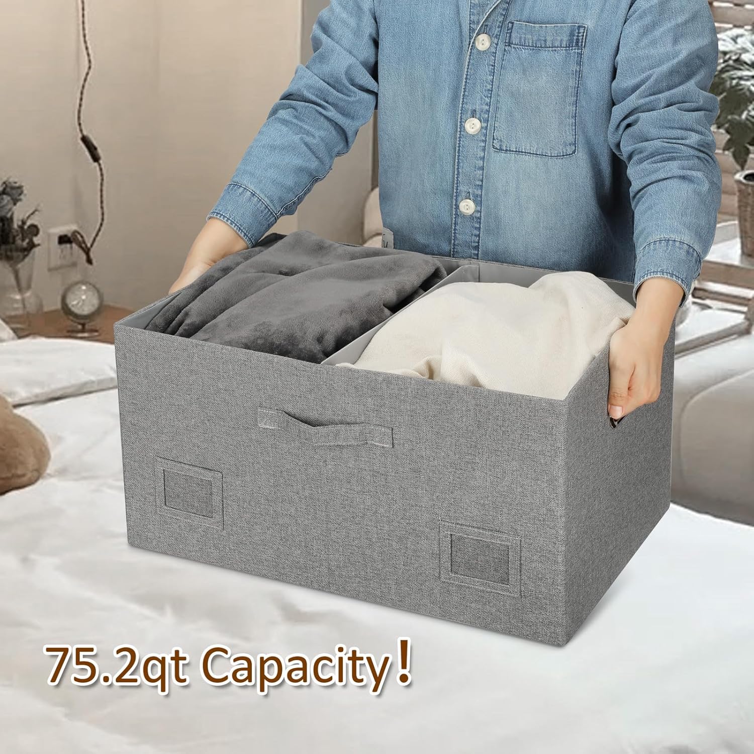 75 Quarts Extra Large Decorative Storage Bins with Lids, 1 Pack Gray Collapsible Storage Bins with