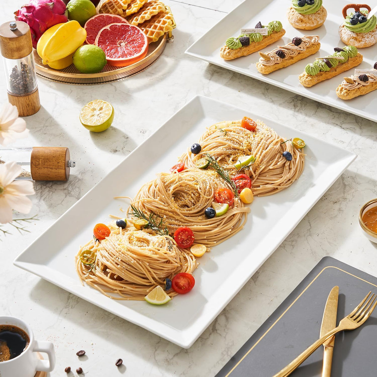 MIECOO Large Serving Platters, 18.5" x 11.5" White Serving Trays Set, Rectangular Porcelain Plates