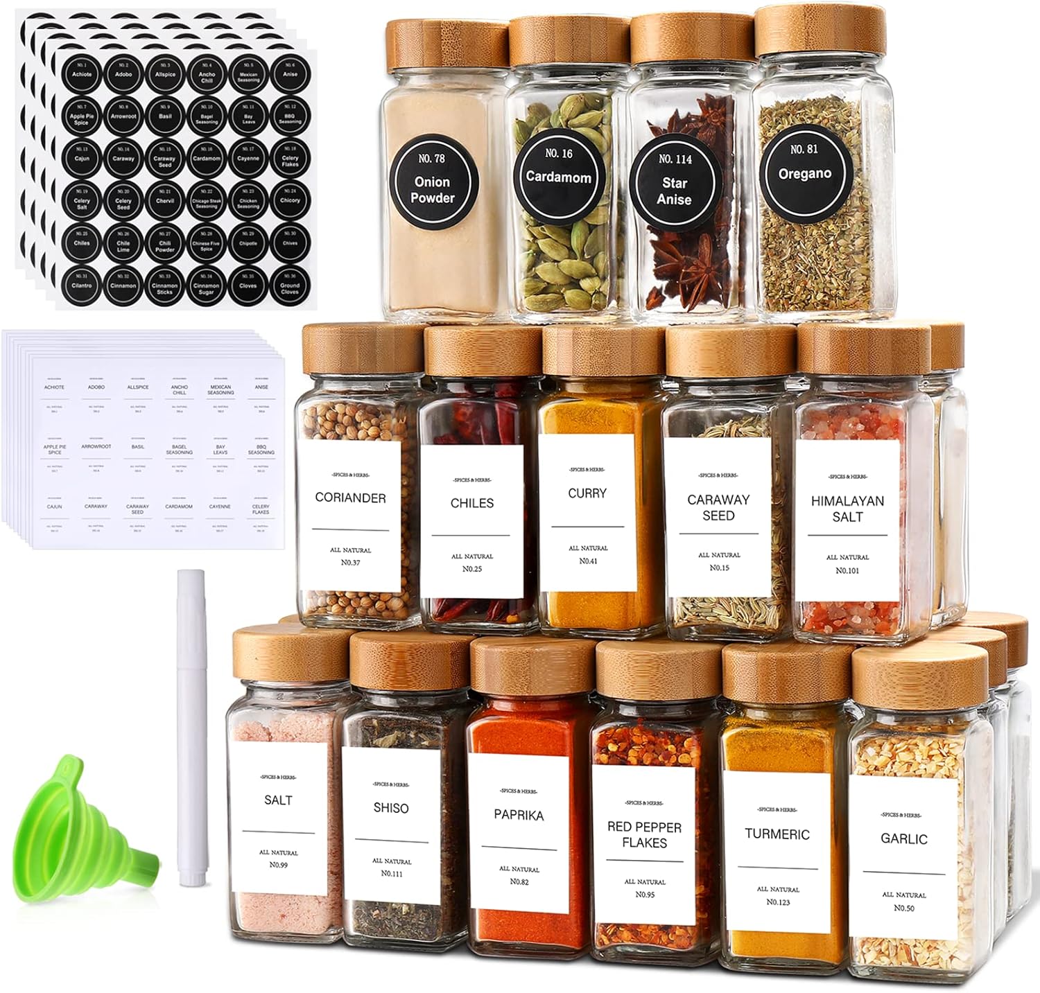 DIMBRAH Spice Jars with Label-4oz 36Pcs, Glass Spice Jars with Bamboo Lids, Container Set with