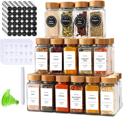 DIMBRAH Spice Jars with Label 24Pcs,Seasoning Containers,Glass Spice Jars with Bamboo Lids,Kitchen