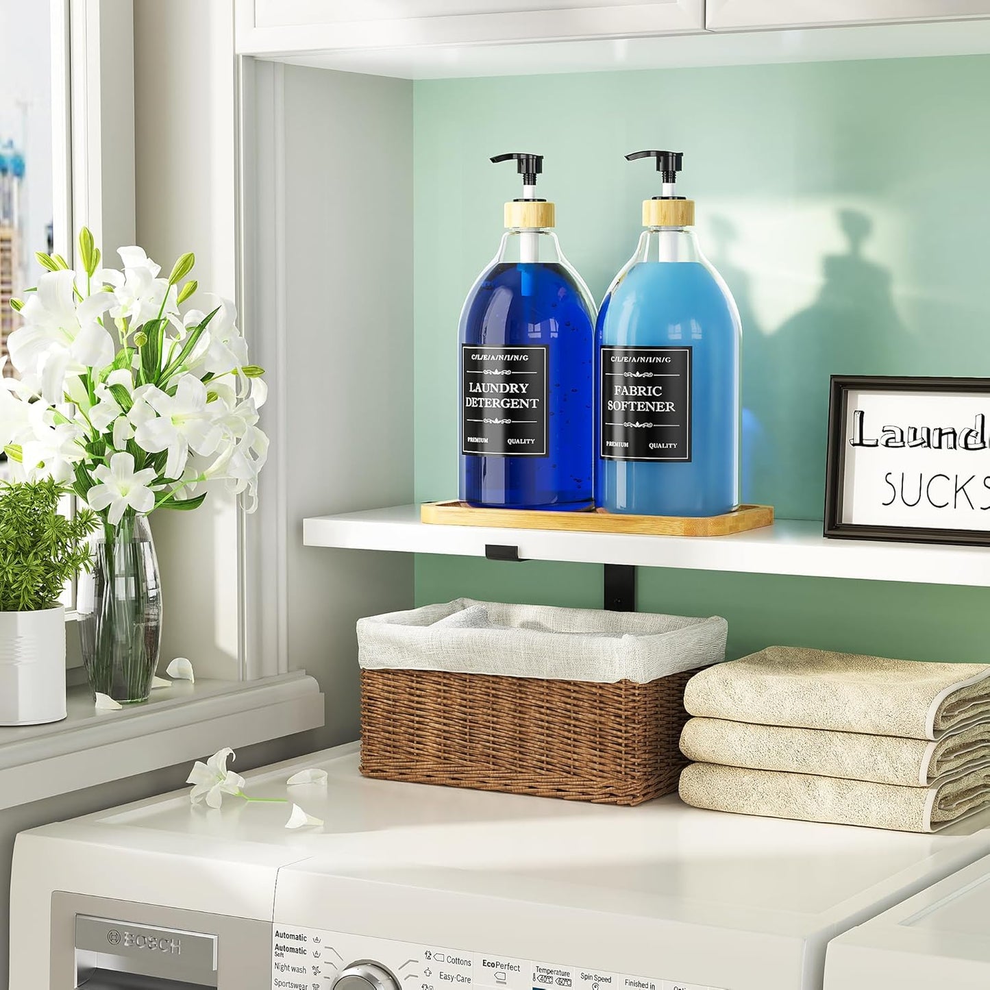 Moforoco Liquid Laundry Detergent Dispenser with Bamboo Tray, 2 Pack 64 Oz Plastic Laundry Soap