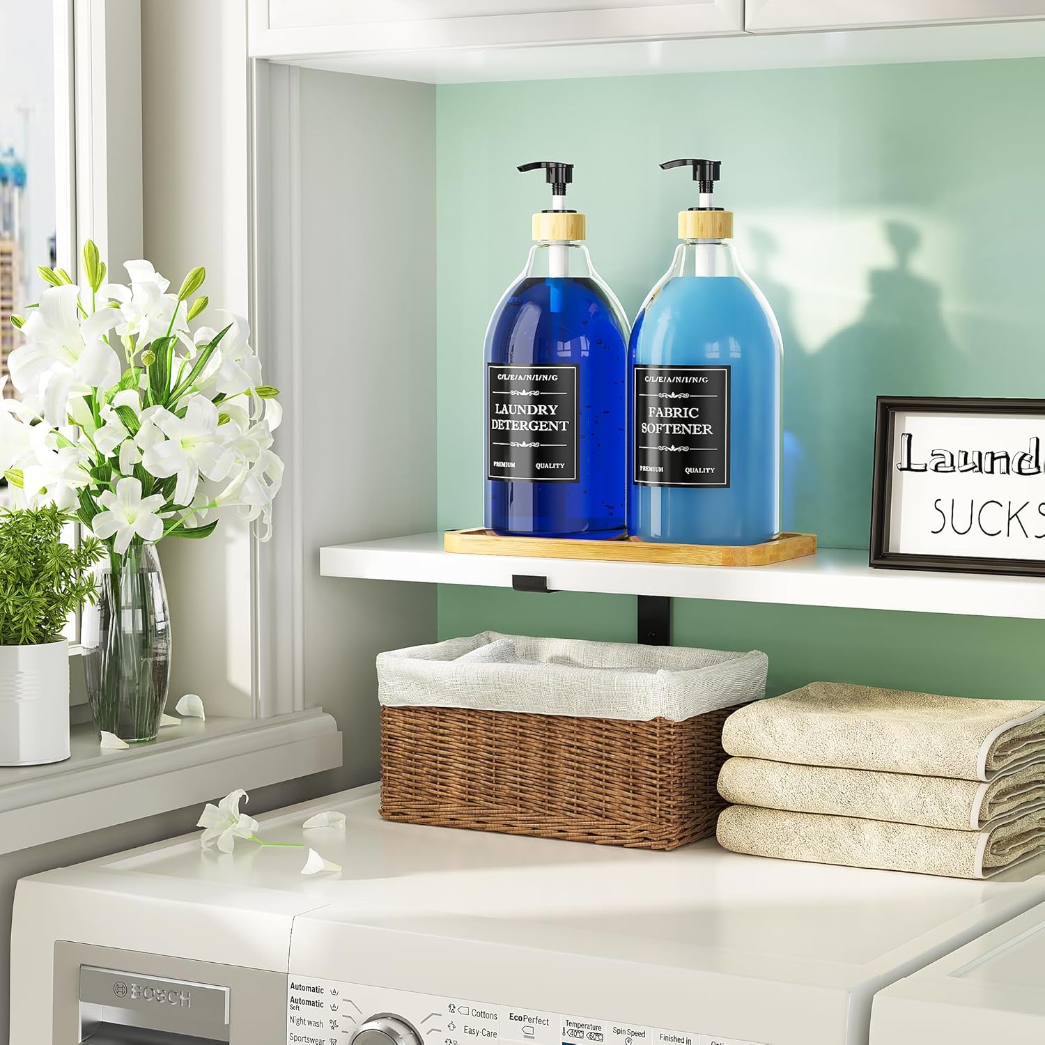 Moforoco Liquid Laundry Detergent Dispenser with Bamboo Tray, 2 Pack 64 Oz Plastic Laundry Soap