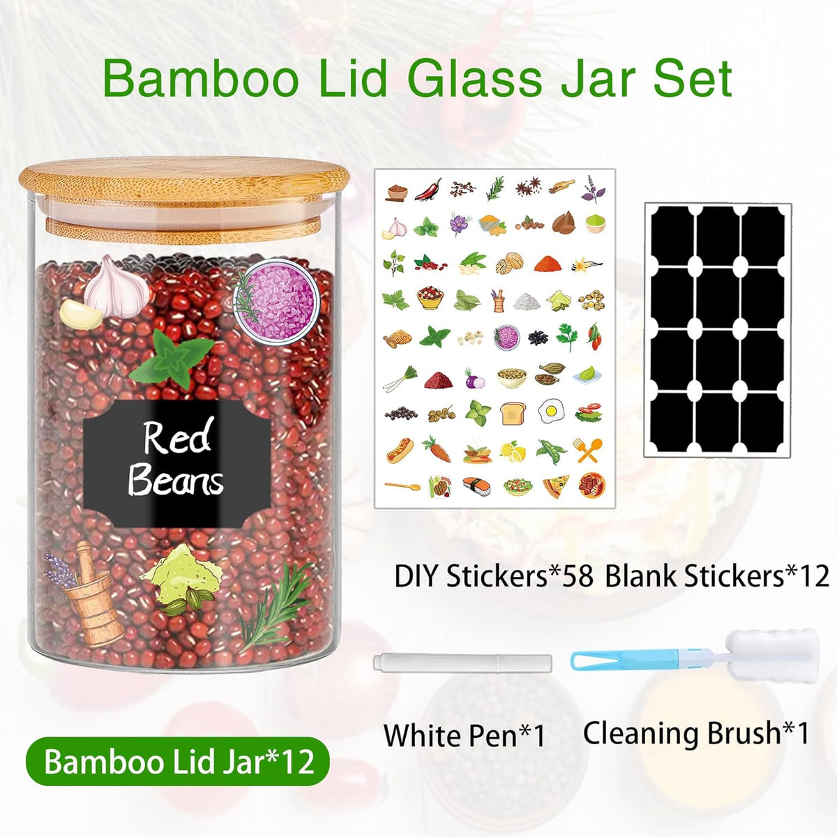Glass Jars with Bamboo Lids 20 oz, 12 Pcs Stackable Kitchen Glass Pantry Storage Containers with