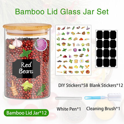 Glass Jars with Bamboo Lids 20 oz, 12 Pcs Stackable Kitchen Glass Pantry Storage Containers with
