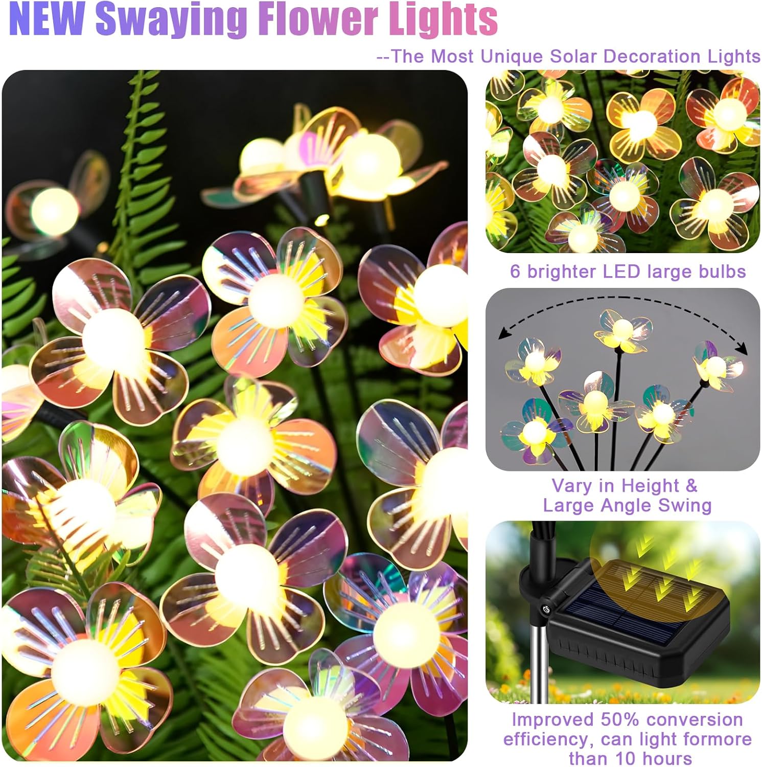 Solar Garden Lights Outdoor, New Upgraded 4-Pack Firefly Solar Lights with Iridescent Petals & Warm