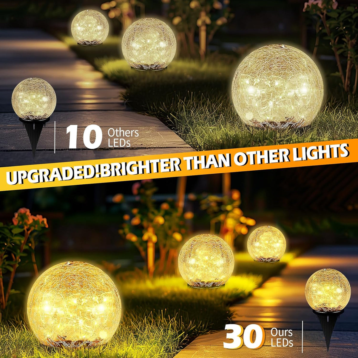Garden Solar Ball Lights Outdoor Waterproof, 30 LED Cracked Glass Globe Solar Power Ground Lights
