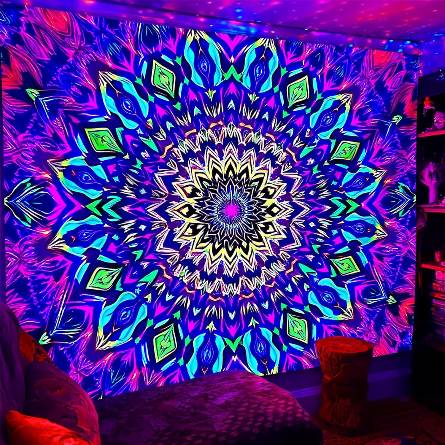 Blacklight Mandala Tapestry for Bedroom, Large Black Light Posters for Adults and Teens, Colorful