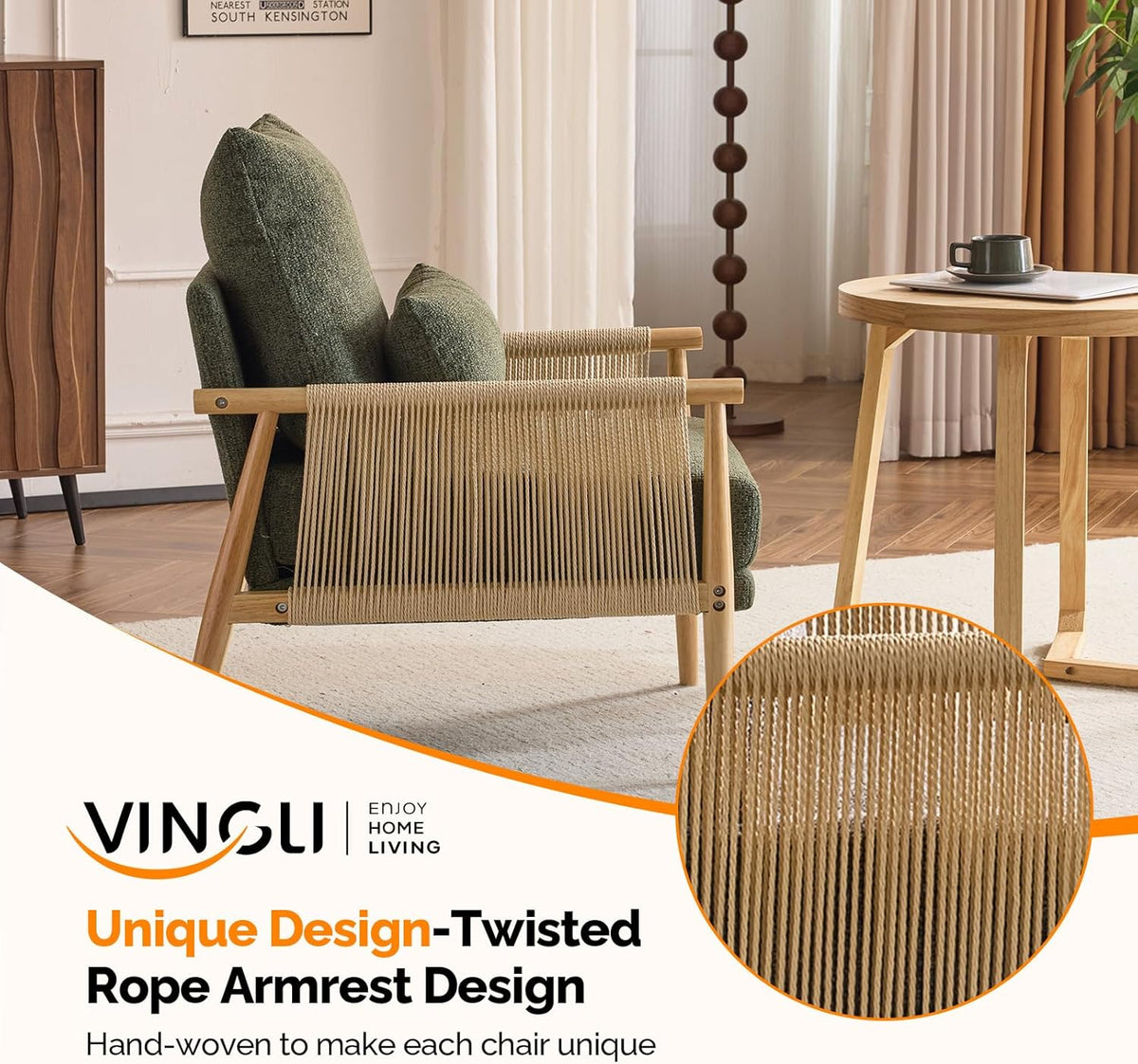 VINGLI Boho Braid Accent Armchair,Mid-Century Modern Chiar with Solid Wooden Armrest,Comfy Louge