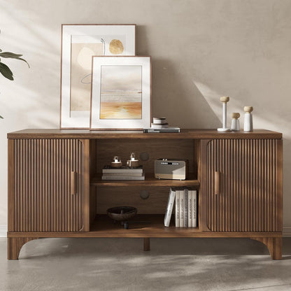 Tall Mid Century Modern TV Stand for 55/65 Inches Television, TV Console with Fluted Doors and