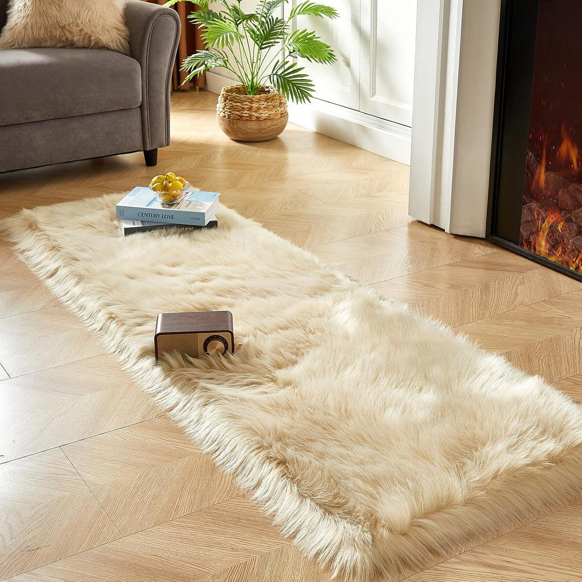 AMTOVO Faux Fur Rug, Beige Ultra Soft Fluffy Shag Sheepskin Rug, 2 x 6 ft Runner Area Rugs for